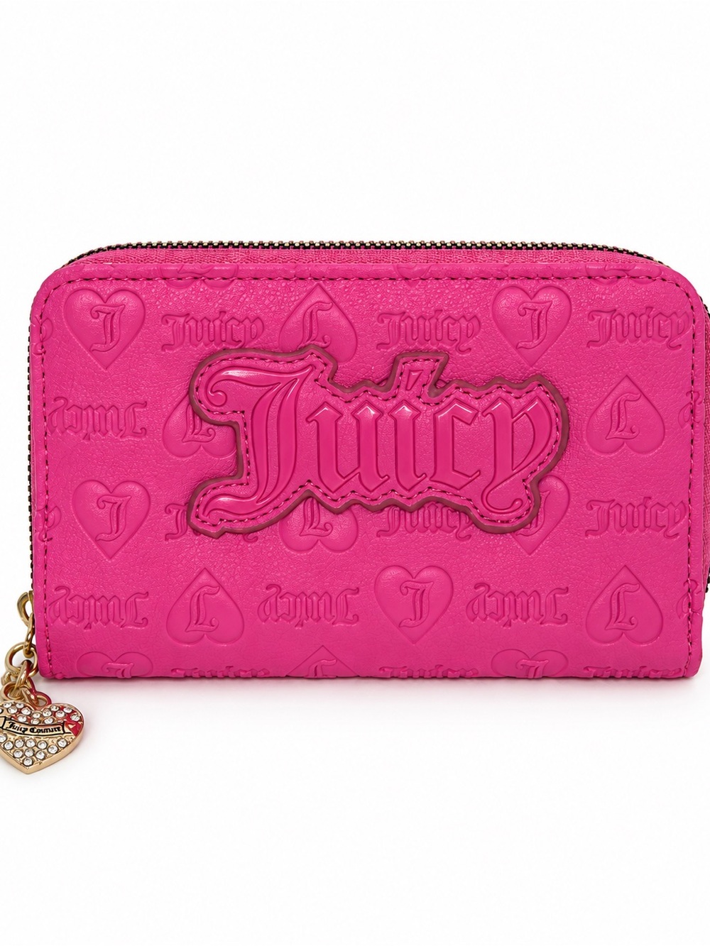 Juicy Couture Hot Pink Embossed Logo Zip Around Wallet Heart Charm Y2K